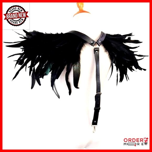 Real Feather Leather Epaulet Shoulder Strap Belt Adjustable Gothic Costume main image 7